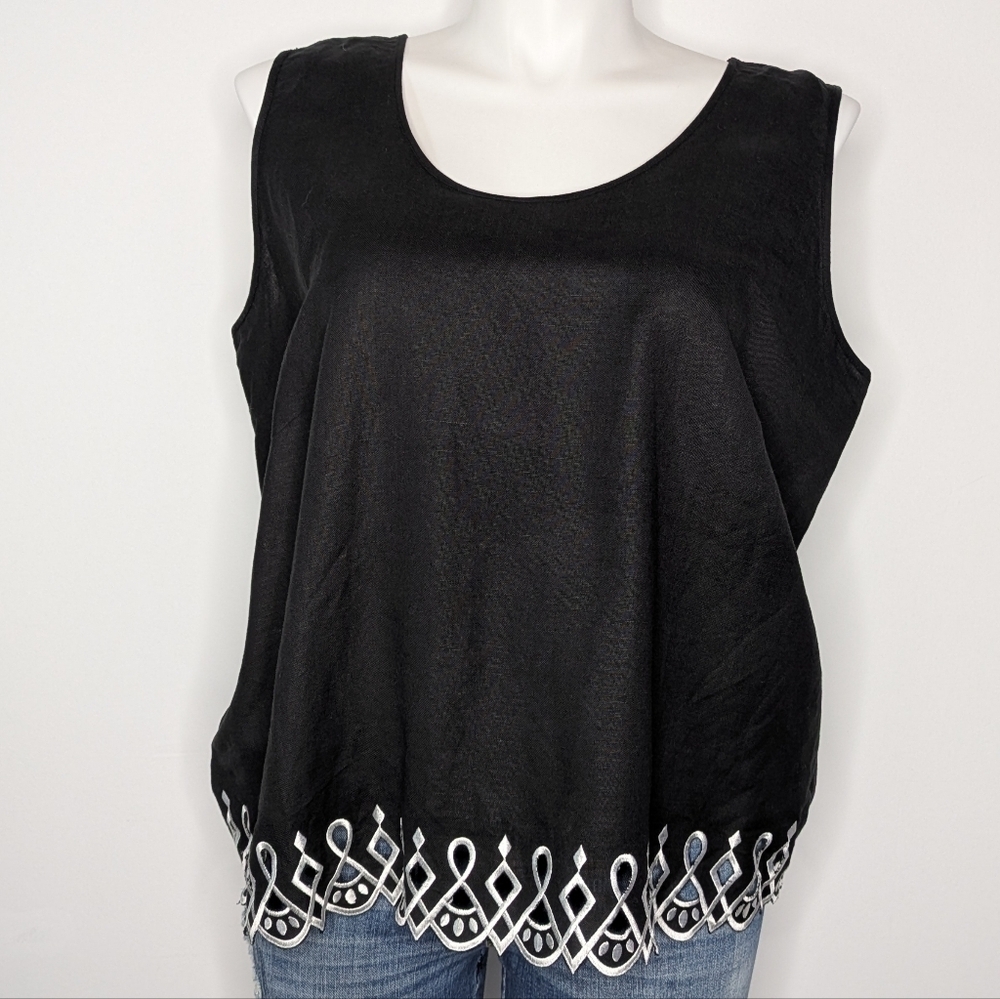 Bob Mackie Black White Embroidered Linen Blend Tank Top 1X